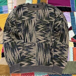 Vintage 90s TSR Zig Zag Squared Knitted Tan/Navy/Green Sweater 2XL Fits XL